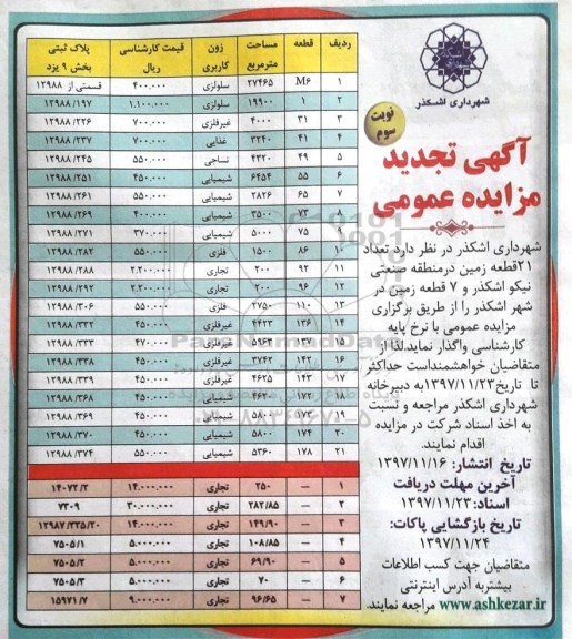 آگهی مزایده, مزایده واگذاری تعداد 21 قطعه زمین - نوبت سوم