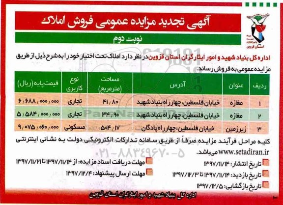 مزایده ، مزایده مغازه و زیرزمین تجاری و مسکونی نوبت دوم
