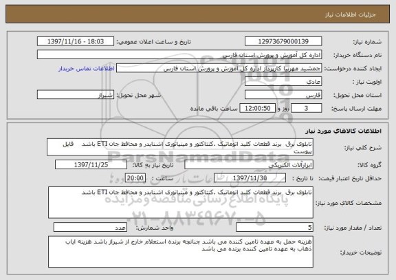 استعلام تابلوی برق  برند قطعات کلید اتوماتیک .کنتاکتور و مینیاتوری اشنایدر و محافظ جان ETI باشد    فایل پیوست