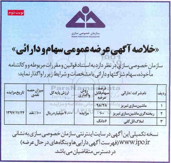 مزایده, مزایده واگذاری سهام ماشین سازی تبریز- نوبت دوم