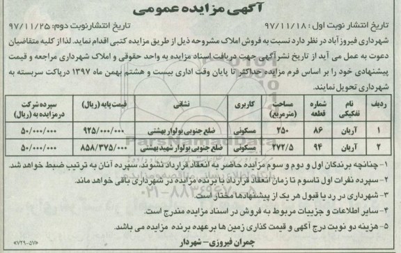 مزایده ،مزایده فروش املاک مسکونی نوبت اول