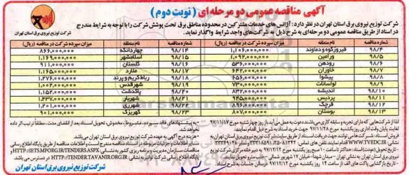 مناقصه ,مناقصه آژانس های خدمات مشترکین در محدوده مناطق برق ... نوبت دوم