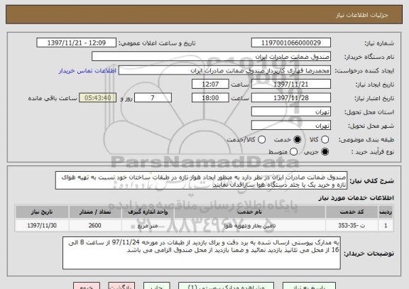 استعلام صندوق ضمانت صادرات ایران در نظر دارد به منظور ایجاد هوار تازه در طبقات ساختان خود نسبت به تهیه هوای تازه و خرید یک یا چند دستگاه هوا سازاقدان نمایند 