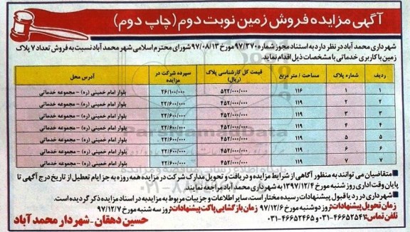 مزایده،مزایده فروش 7 پلاک زمین با کاربری خدماتی نوبت دوم چاپ دوم