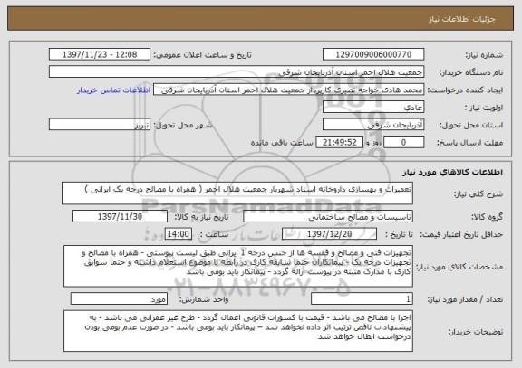 استعلام تعمیرات و بهسازی داروخانه استاد شهریار جمعیت هلال احمر ( همراه با مصالح درجه یک ایرانی )