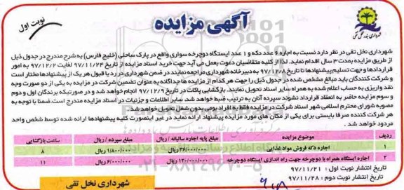 آگهی مزایده , مزایده اجاره 6 عدد دکه و 1 عدد ایستگاه دوچرخه سواری