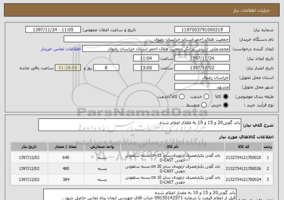استعلام باند گچی20 و 15 و 10 به مقدار اعلام شده