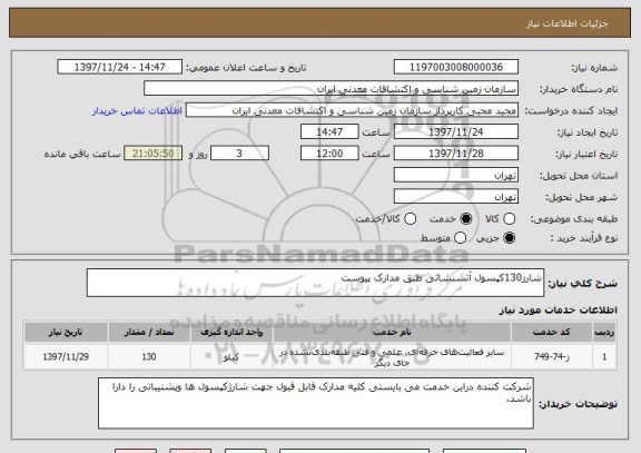 استعلام شارز130کپسول آتشنشانی طبق مدارک پیوست