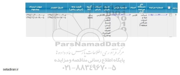 مزایده, مزایده مقدار حدود 80 تن روغن گیاهی و سرخ کردنی