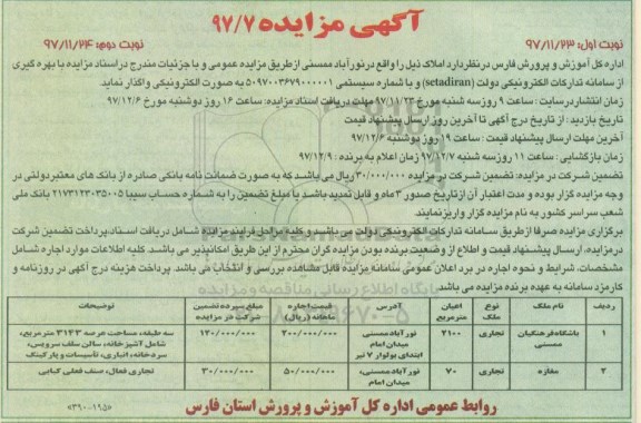 آگهی مزایده , مزایده باشگاه فزهنگیان و مغازه نوبت دوم