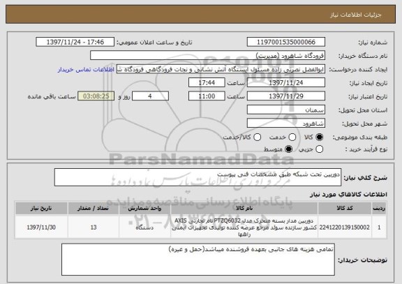 استعلام دوربین تحت شبکه طبق مشخصات فنی پیوست