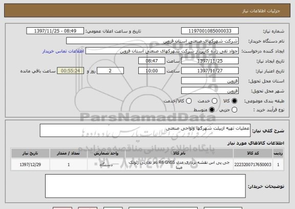 استعلام عملیات تهیه ازبیلت شهرکها ونواحی صنعتی 