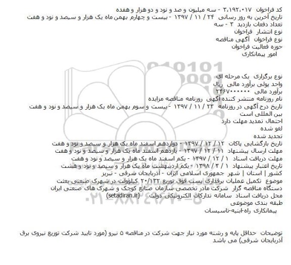 مناقصه عمومی, مناقصه تکمیل عملیات برقداری پست فوق توزیع