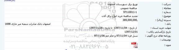 تجدید مناقصه, تجدید مناقصه خرید انواع یراق آلات