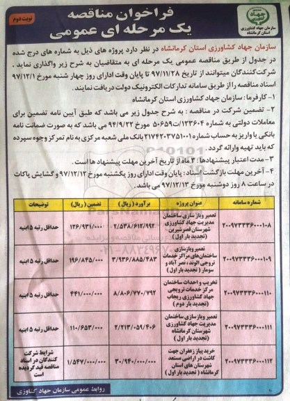 مناقصه , مناقصه تعمیر و بازسازی ساختمان و ... - نوبت دوم 