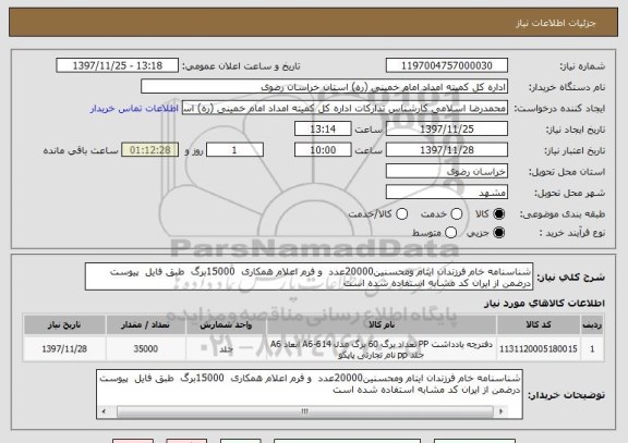 استعلام شناسنامه خام فرزندان ایتام ومحسنین20000عدد  و فرم اعلام همکاری  15000برگ  طبق فایل  پیوست 
درضمن از ایران کد مشابه استفاده شده است 