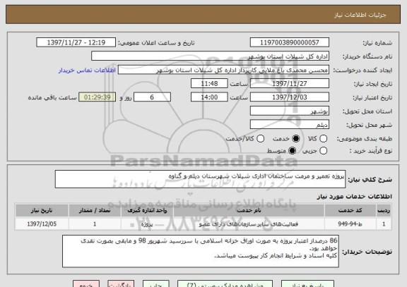 استعلام پروژه تعمیر و مرمت ساختمان اداری شیلات شهرستان دیلم و گناوه