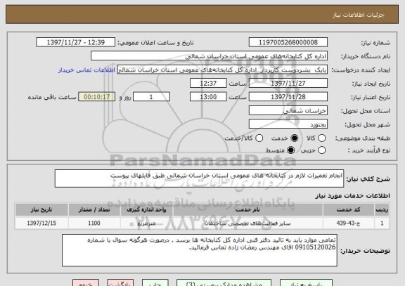 استعلام انجام تعمیرات لازم در کتابخانه های عمومی استان خراسان شمالی طبق فایلهای پیوست 