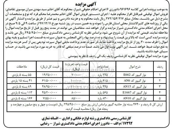 مزایده , مزایده فروش نوار گیپور 