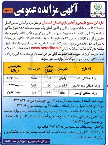 مزایده, مزایده بهره برداری پارک های جنگلی