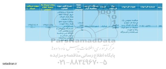 مناقصه , مناقصه نگهداری فضای سبز تنظیفات و جمع آوری زباله و امورات غسالخانه و کشتارگاه 