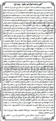 مزایده،مزایده ششدانگ ملک 19 باب تجاری نوبت اول