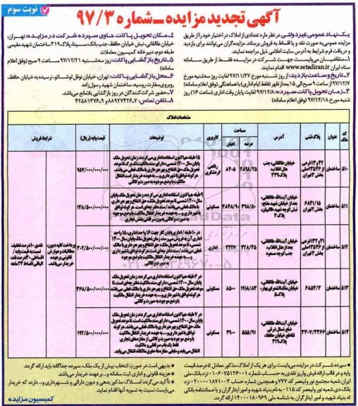 مزایده،مزایده فروش تعدادی از املاک کاربری مسکونی و رفاهی نوبت سوم