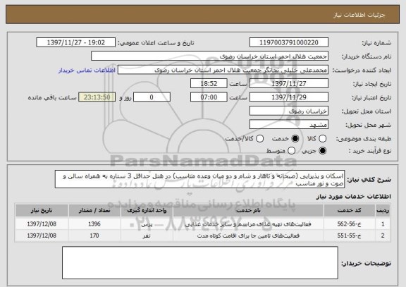 استعلام اسکان و پذیرایی (صبحانه و ناهار و شام و دو میان وعده مناسب) در هتل حداقل 3 ستاره به همراه سالن و صوت و نور مناسب 