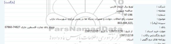 مناقصه عملیات رفع اتفاقات ، حوادث و تعمیرات شبکه ها