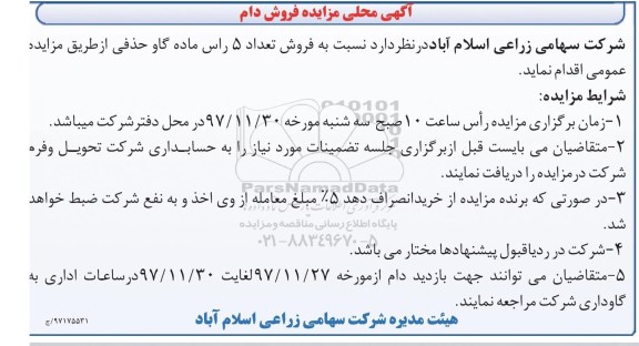 آگهی مزایده, مزایده فروش تعداد 5 راس ماده گاو حذفی