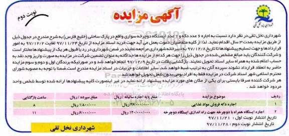 آگهی مزایده , مزایده اجاره 6 عدد دکه و 1 عدد ایستگاه دوچرخه سواری نوبت دوم 