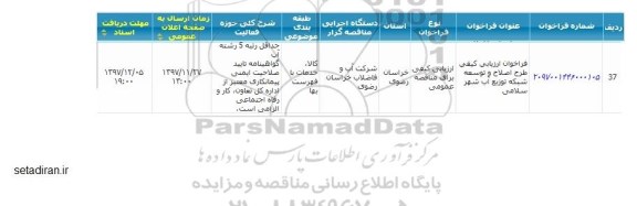 مناقصه ، مناقصه طرح اصلاح و توسعه شبکه توزیع آب شهر 