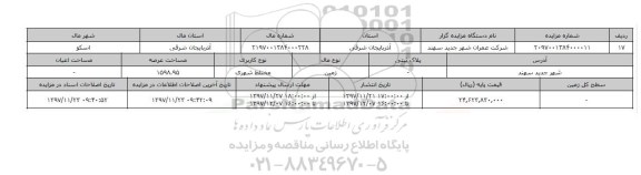 مزایده,مزایده زمین مختلط شهری عرصه 1598.95