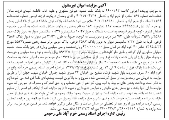 مزایده مزایده ششدانگ پلاک ثبتی 2585 فرعی