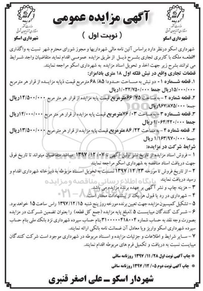 آگهی مزایده عمومی, مزایده واگذاری 4 قطعه ملک با کاربری تجاری