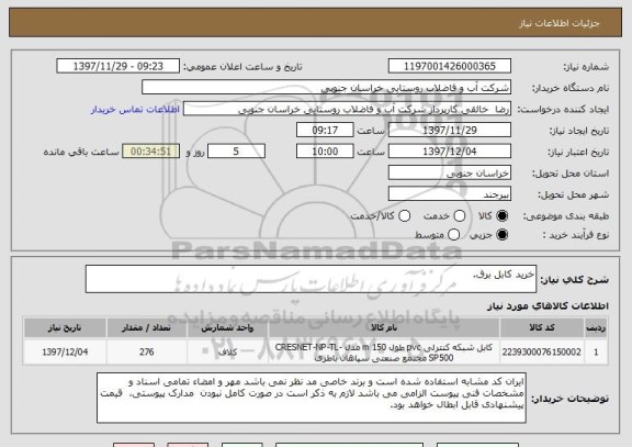 استعلام خرید کابل برق.