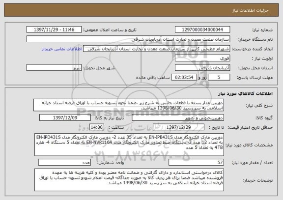 استعلام دوربین مدار بسته با قطعات جانبی به شرح زیر ،ضمنا نحوه تسویه حساب با اوراق قرضه اسناد خرانه اسلامی به سر رسید 1398/06/30 میباشد.
