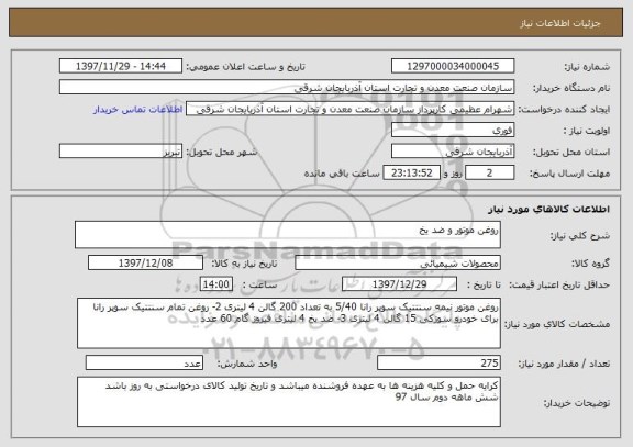 استعلام روغن موتور و ضد یخ 