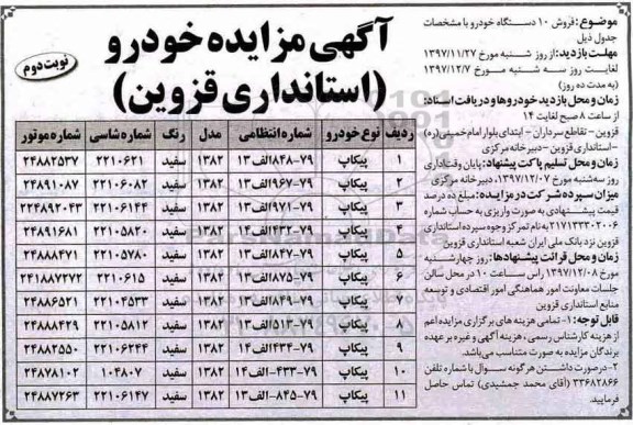 مزایده , مزایده فروش 10 دستگاه خودرو- نوبت دوم 