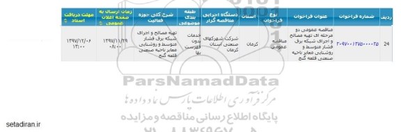 مناقصه تهیه مصالح و اجرای روشنایی معابر