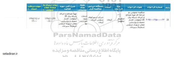 مناقصه تهیه مصالح و اجرای روشنایی معابر