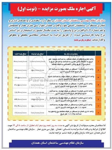آگهی اجاره مزایده, مزایده اجاره تعدادی از واحدهای اداری و تجاری
