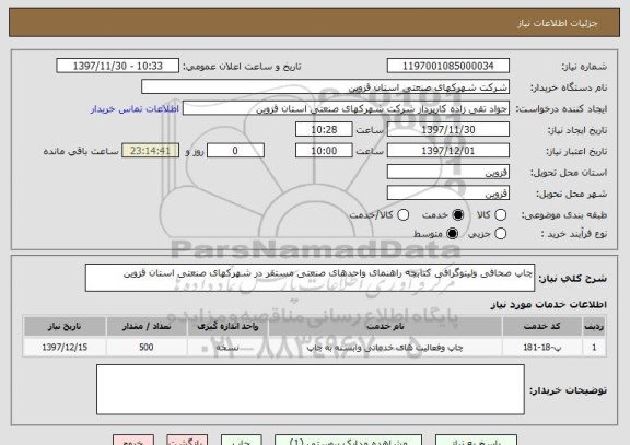 استعلام چاپ صحافی ولیتوگرافی کتابچه راهنمای واحدهای صنعتی مستقر در شهرکهای صنعتی استان قزوین