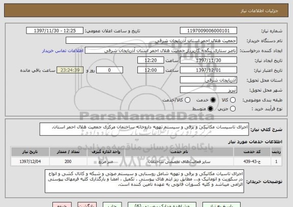 استعلام اجرای تاسیسات مکانیکی و برقی و سیستم تهویه داروخانه ساختمان مرکزی جمعیت هلال احمر استان.