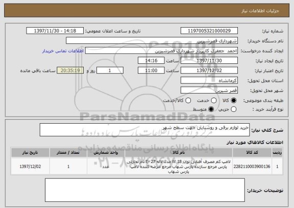 استعلام خرید لوازم برقی و روشنایی جهت سطح شهر