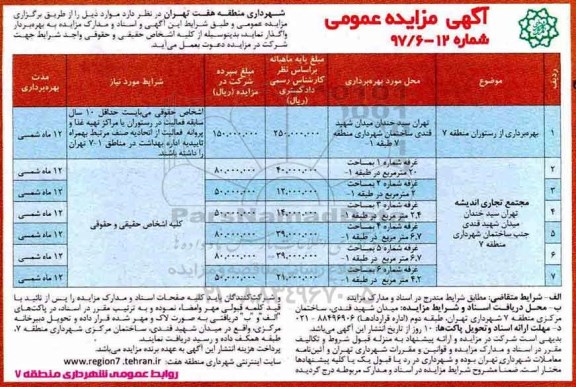 آگهی مزایده عمومی , مزایده بهره برداری از رستوران 