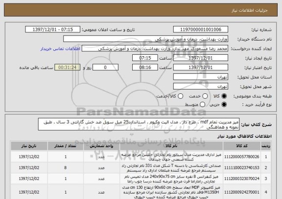 استعلام میز مدیریت تمام mdf . طرح دار . مدل الیت وکیوم . استاندارد25 میل سوبل ضد خش گارانتی 3 سال . طبق نمونه و هماهنگی