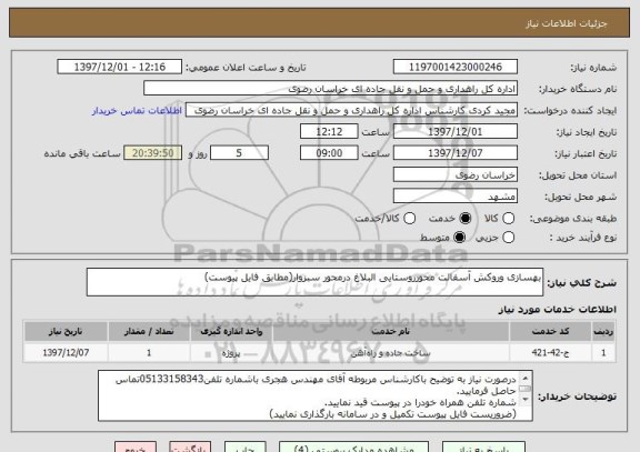 استعلام بهسازی وروکش آسفالت محورروستایی البلاغ درمحور سبزوار(مطابق فایل پیوست)