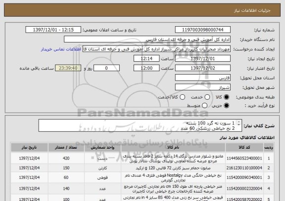 استعلام 1	سوزن ته گرد	100	بسته	
2	نخ خیاطی زرشکی	60	عدد	
3	صابون خیاطی	140	عدد	
4	بشکاف	140	عدد	
5