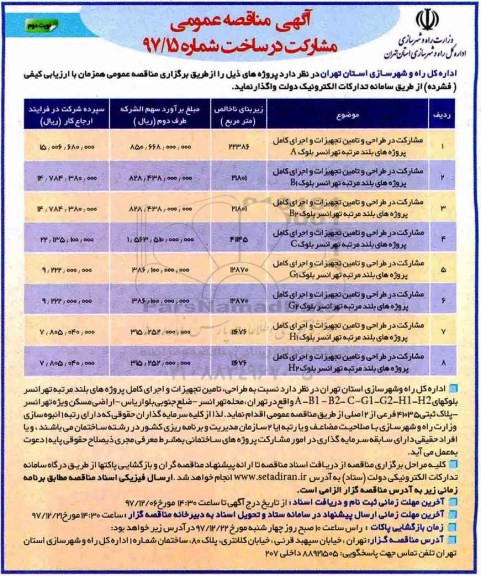 مناقصه, مناقصه مشارکت در طراحی و تامین تجهیزات و اجرای کامل پروژه های بلند مرتبه - نوبت دوم 